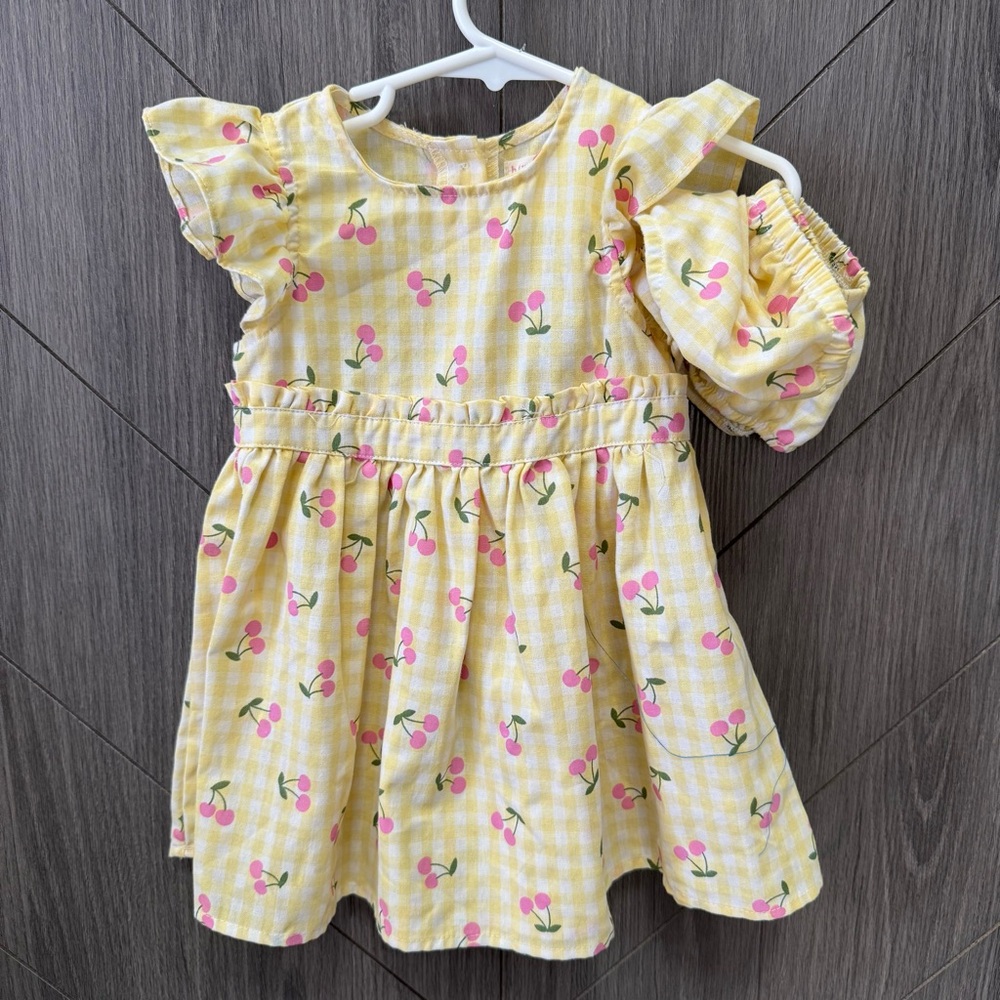 Btween Yellow Gingham Toddler Girl Dress with Cherry Fruit Print